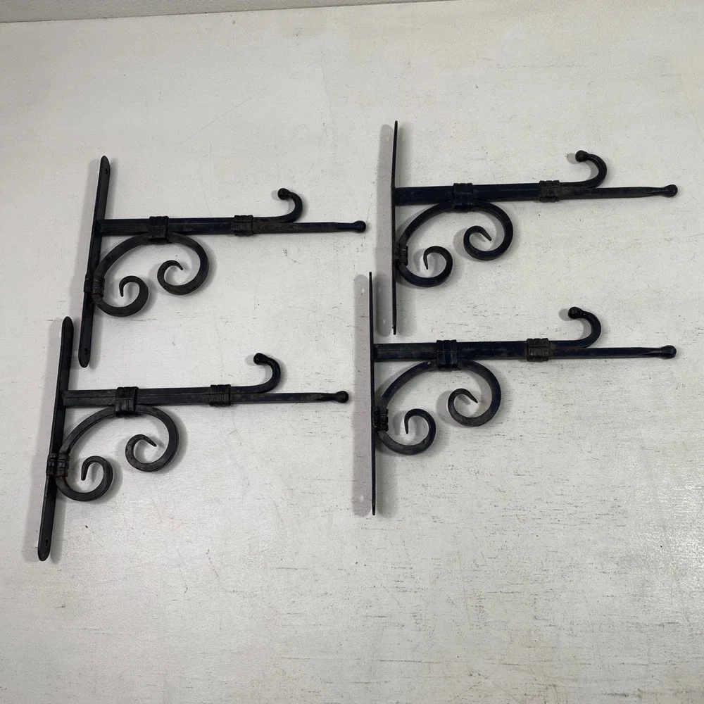 Vintage Wrought Iron Scroll Hanging Plant Brackets Black Set of 4 9 Inch Depth